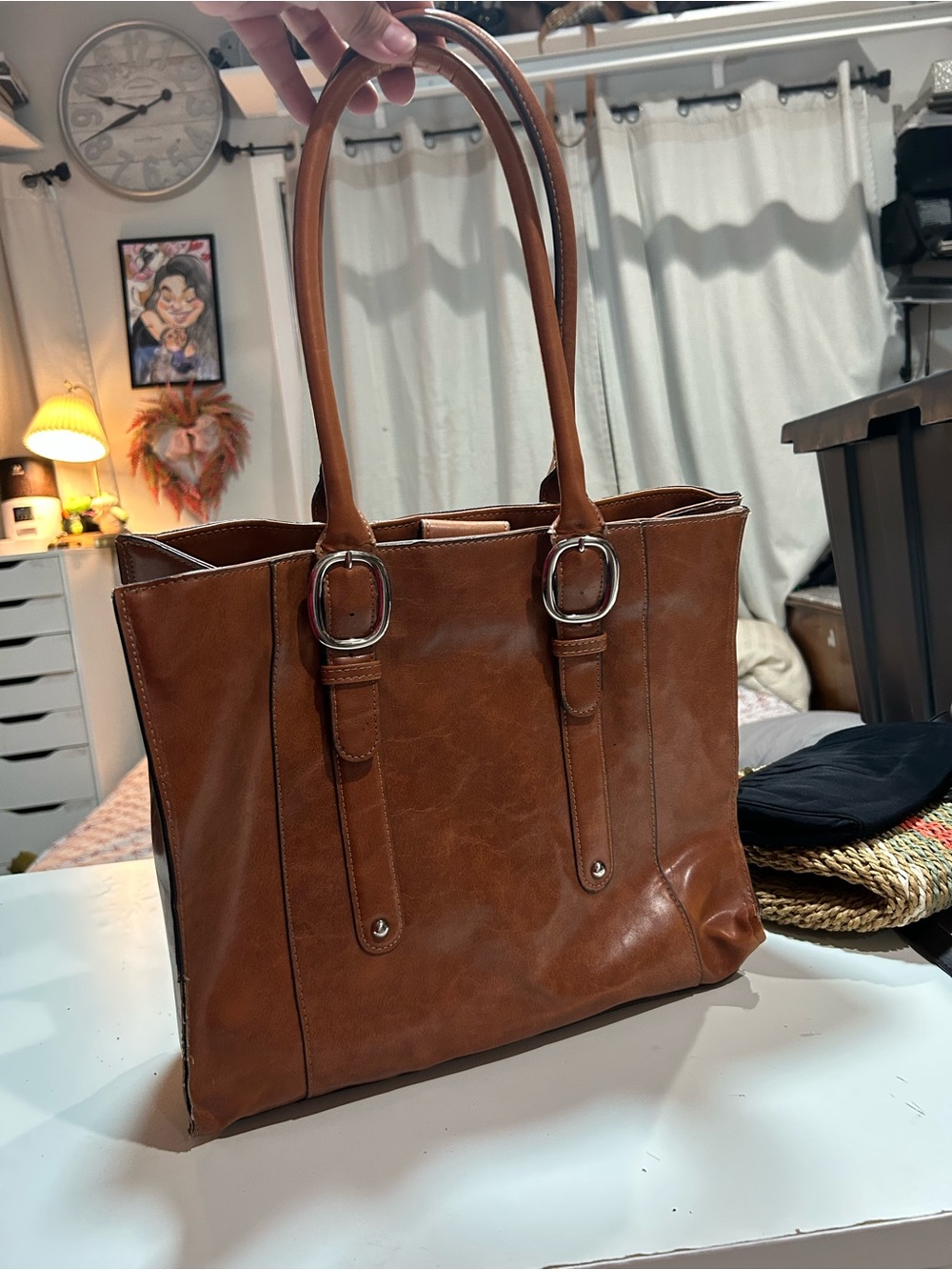 Kelly & Katie Cognac Brown Tote with Buckle Straps
